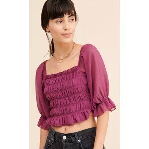 Urban Outfitters Smocked Cropped Top Size XL Sheer Deep Purple 3/4 Sleeve Junior